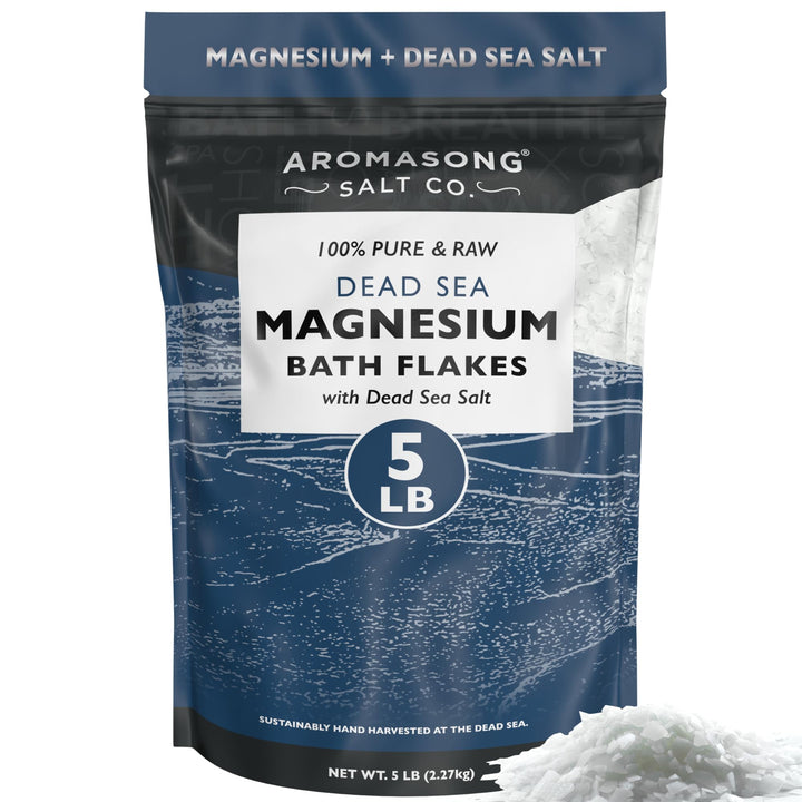 Aromasong raw magnesium flakes in a bathtub pour for a soothing soak