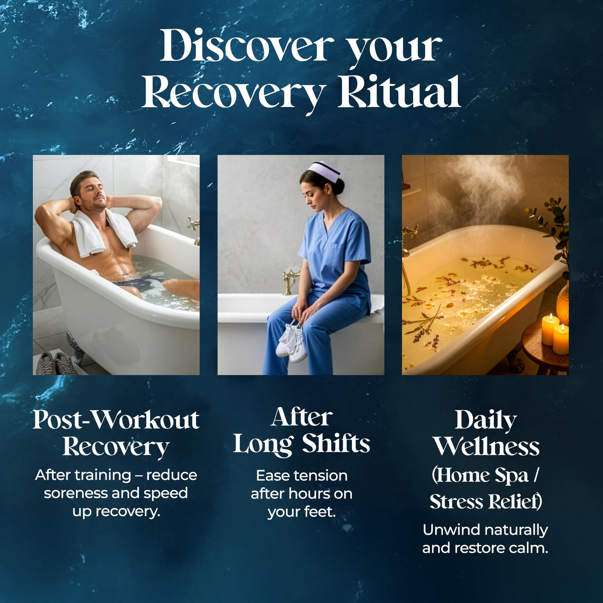 Athlete using Aromasong bath salts after training for reduced tension and relaxation.