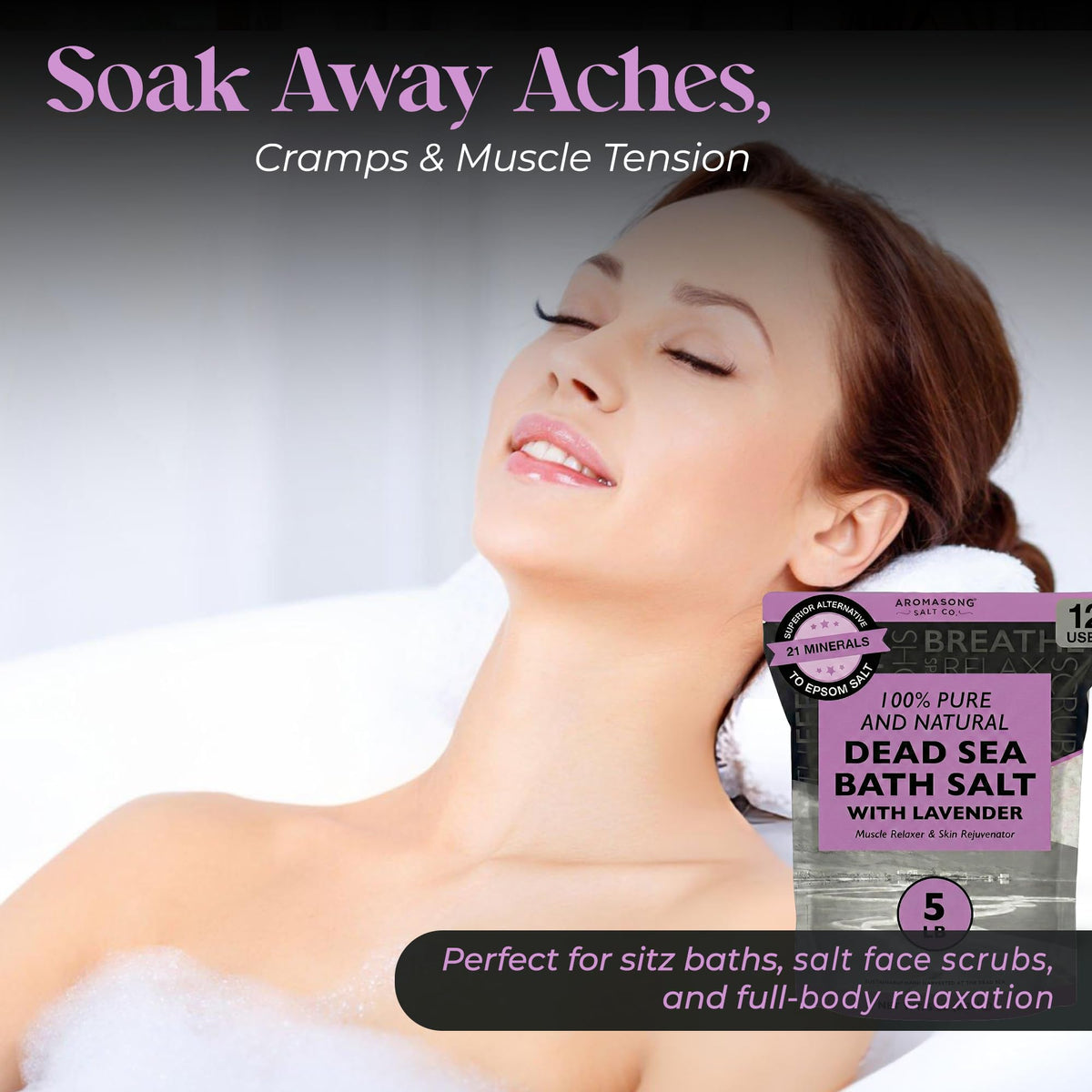 Aromasong spa bath salt in tub scene suggests relaxing soak.