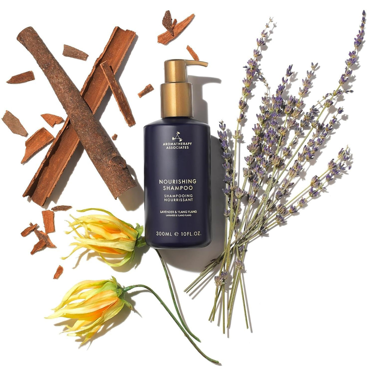 Aromatherapy Associates Balance Shampoo lavender and ylang-ylang illustration conveys calming aroma.