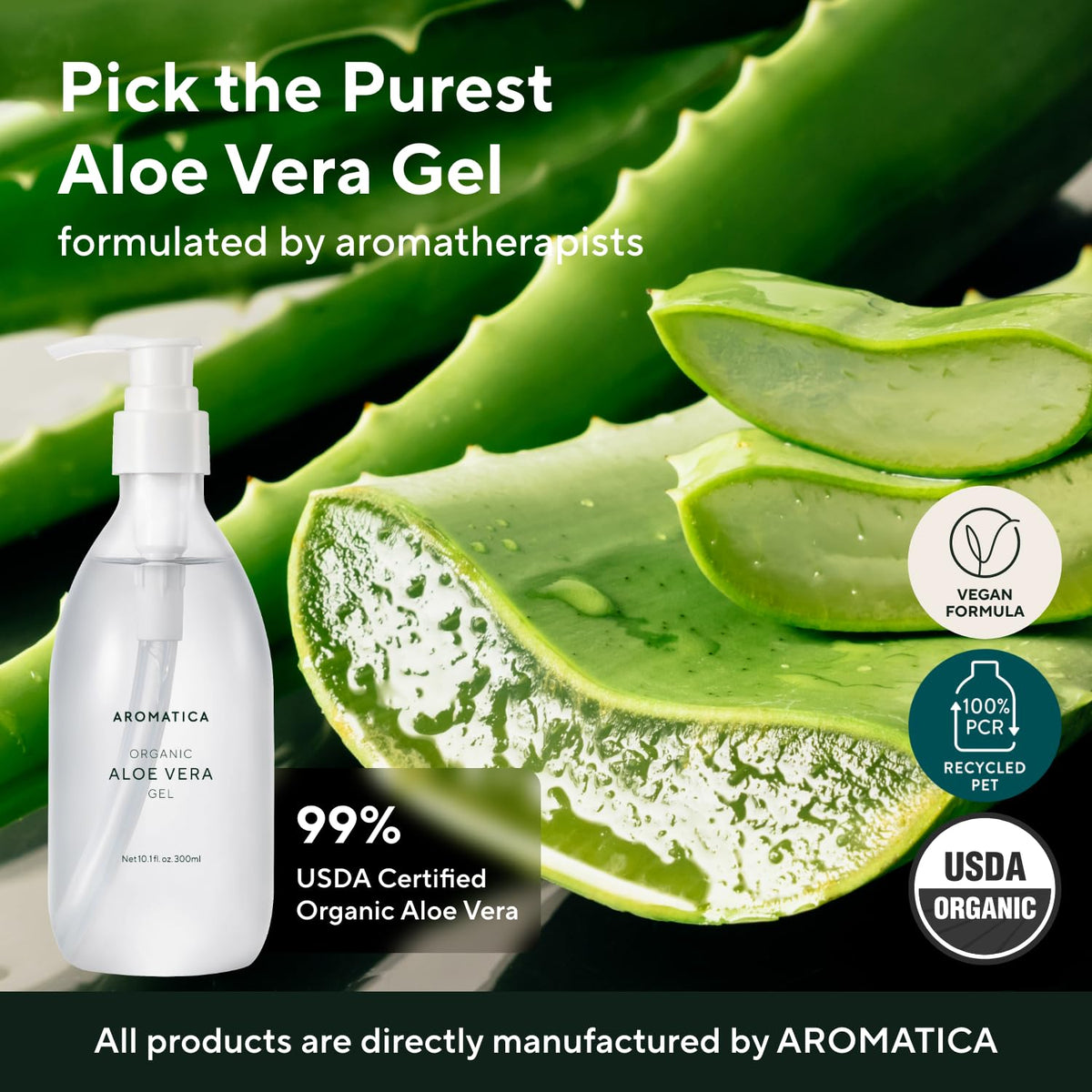 Close-up of AROMATICA Aloe Vera Gel bottle showing purity.