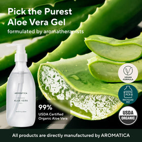 Close-up of AROMATICA Aloe Vera Gel bottle showing purity.