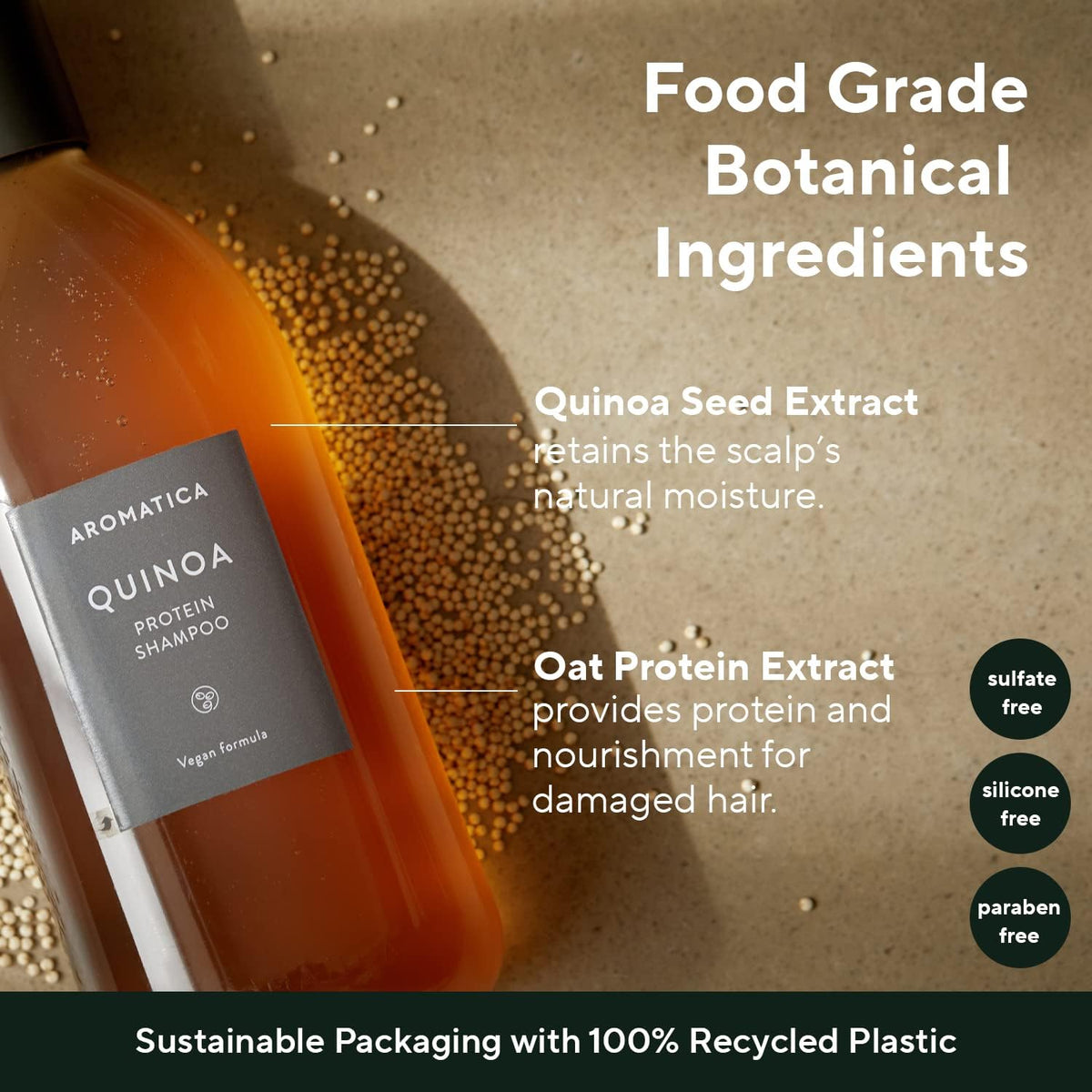 AROMATICA Quinoa Protein Shampoo application scene with smoothing action for heat protection
