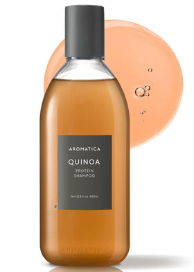 AROMATICA Quinoa Protein Shampoo bottle shows protein-rich formula for damaged hair
