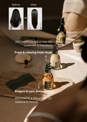 AROMATICA Ritual Jasmine & Vetiver Hair Oil nourishes dry ends with daily use.