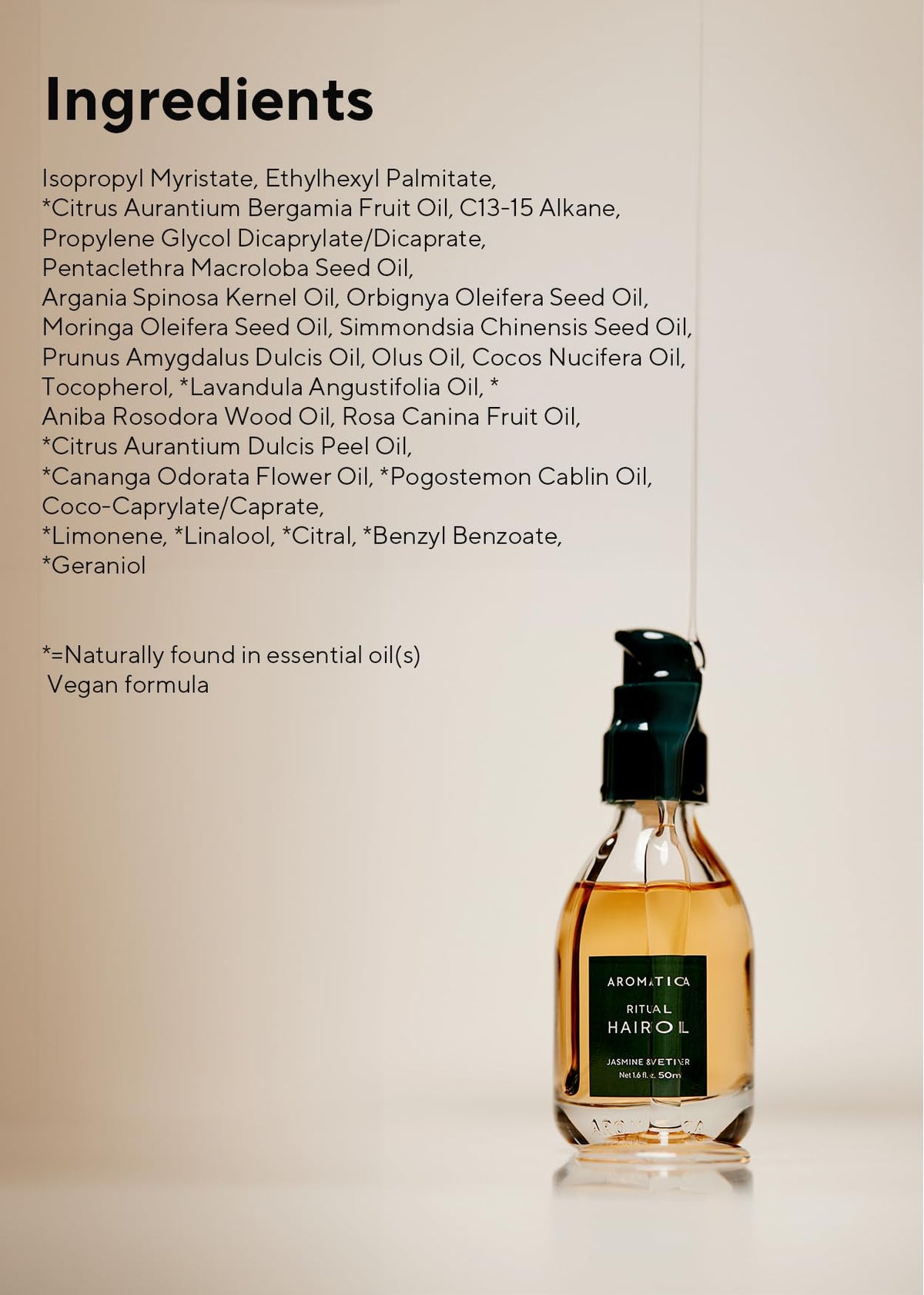AROMATICA Ritual Jasmine & Vetiver Hair Oil plant-based formula nourishes without heaviness.