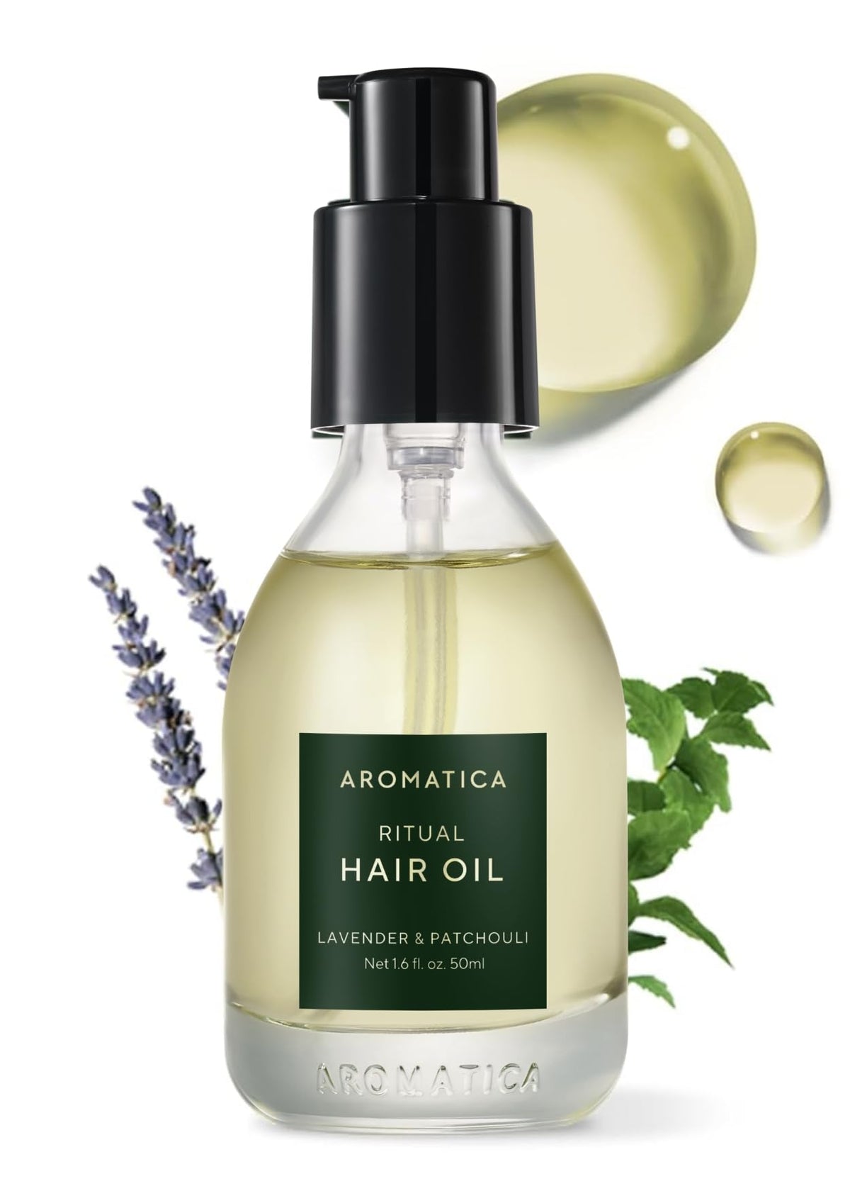 AROMATICA Ritual Lavender & Patchouli oil bottle pour for easy application and nourishment.
