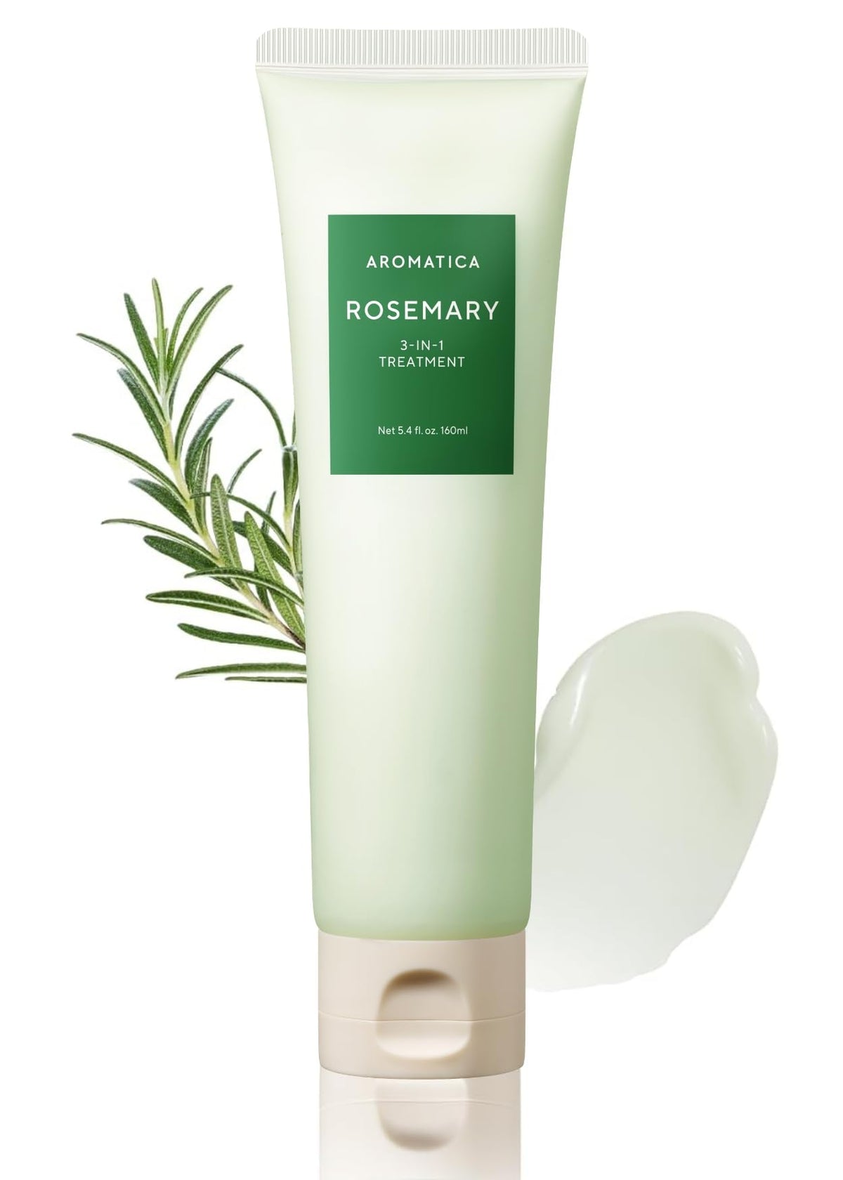 AROMATICA Rosemary 3-in-1 bottle close-up showing nourishing, silicone-free formula for daily care.
