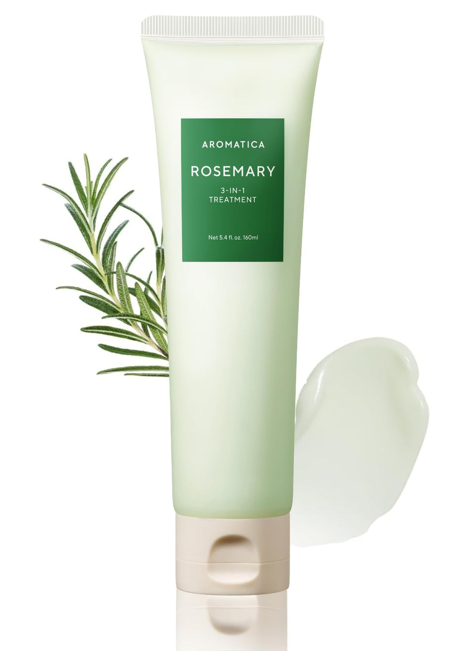 AROMATICA Rosemary 3-in-1 bottle close-up showing nourishing, silicone-free formula for daily care.