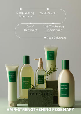 AROMATICA Rosemary 3-in-1 ingredients highlight rosemary oil and hyaluronic acid benefits.