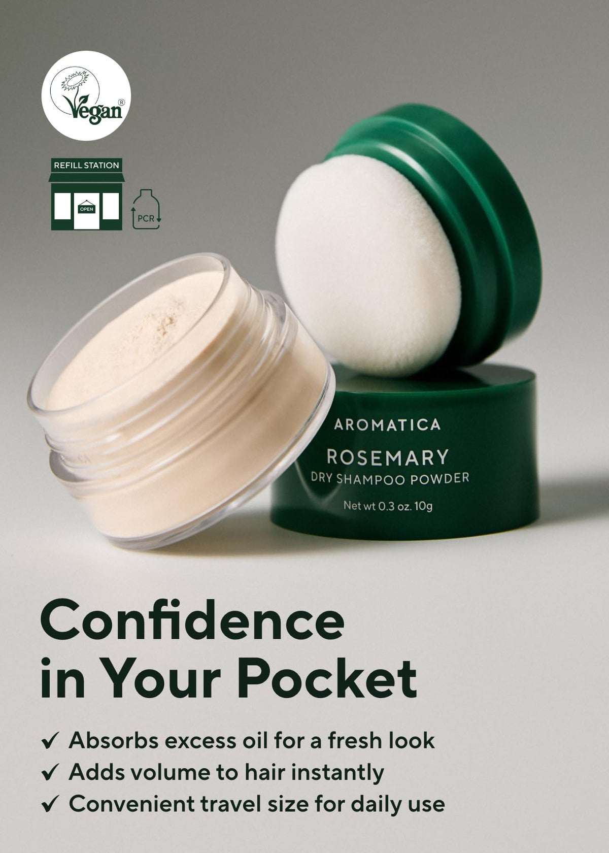 AROMATICA rosemary dry shampoo absorbs oil quickly for lighter between-wash hair.