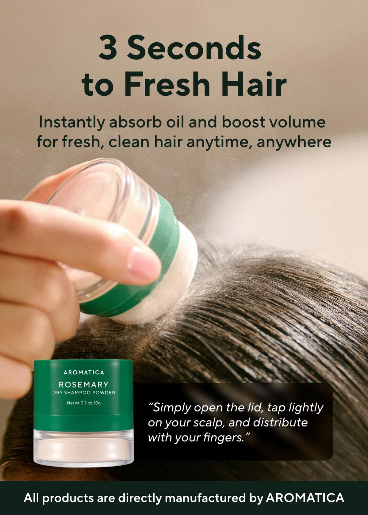 AROMATICA rosemary dry shampoo puff allows precise root lift for oily roots.