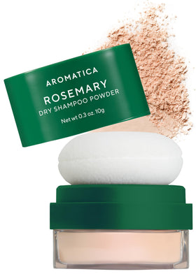AROMATICA rosemary dry shampoo travel cap enables easy, mess-free refresh between washes.