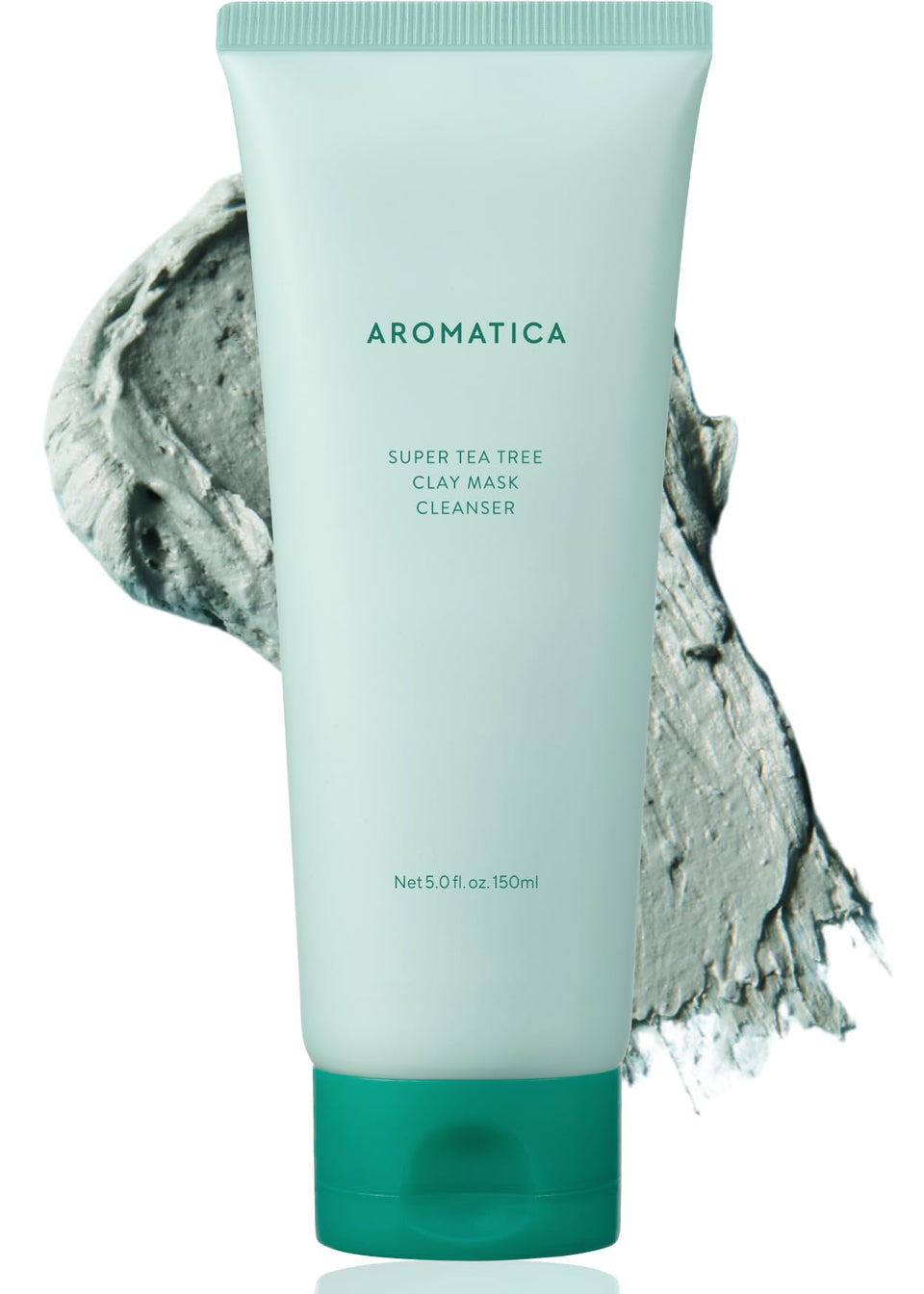 AROMATICA Super Tea Tree Clay Mask bottle shows the 2-in-1 cleanser for clear pores