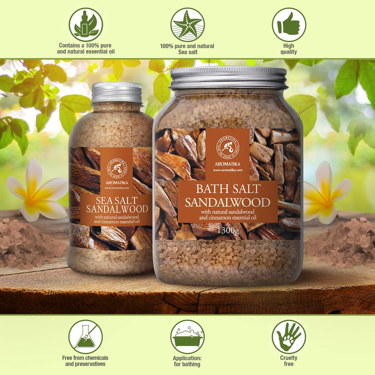 AROMATIKA spoon dipping salt hints at simple bath preparation.