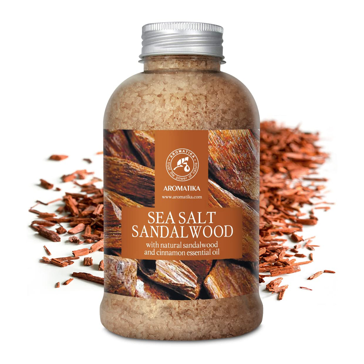 AROMATIKA bath salts sandalwood bottle open shows premium oils for mood support.