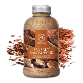 AROMATIKA bath salts sandalwood bottle open shows premium oils for mood support.