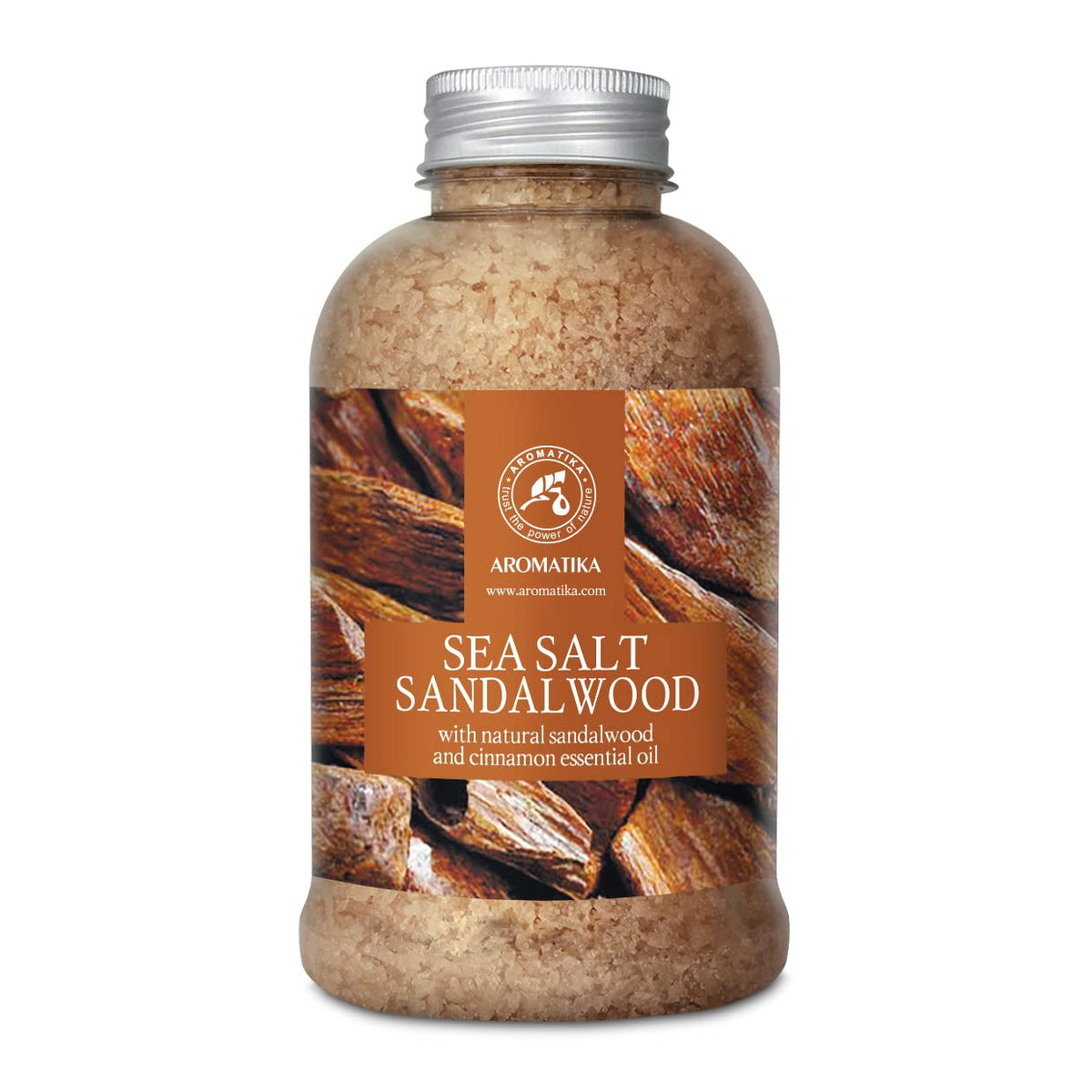 AROMATIKA bath salts sandalwood jar highlights relaxing fragrance for calm evenings.