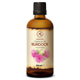 AROMATIKA Burdock Root Oil bottle on a clean surface, ideal for hair and skin care.