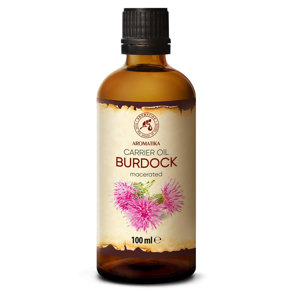 AROMATIKA Burdock Root Oil bottle on a clean surface, ideal for hair and skin care.