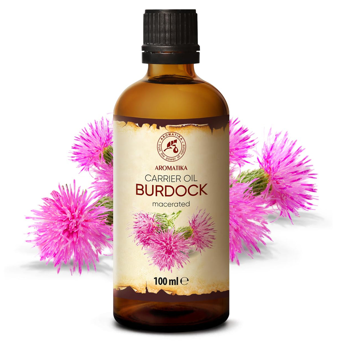 AROMATIKA Burdock Root Oil glass bottle with label, perfect for daily scalp nourishment.