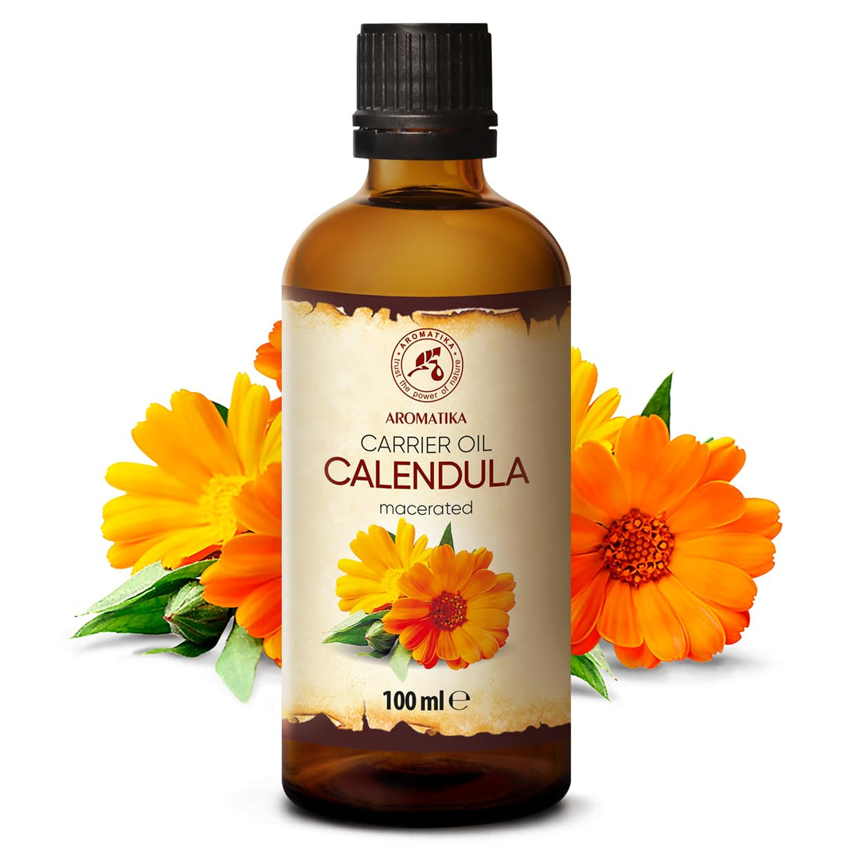 AROMATIKA calendula oil label close-up showing calendula and almond oil for natural skin nourishment