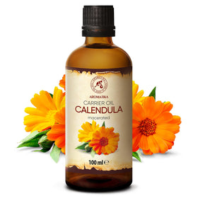 AROMATIKA calendula oil label close-up showing calendula and almond oil for natural skin nourishment