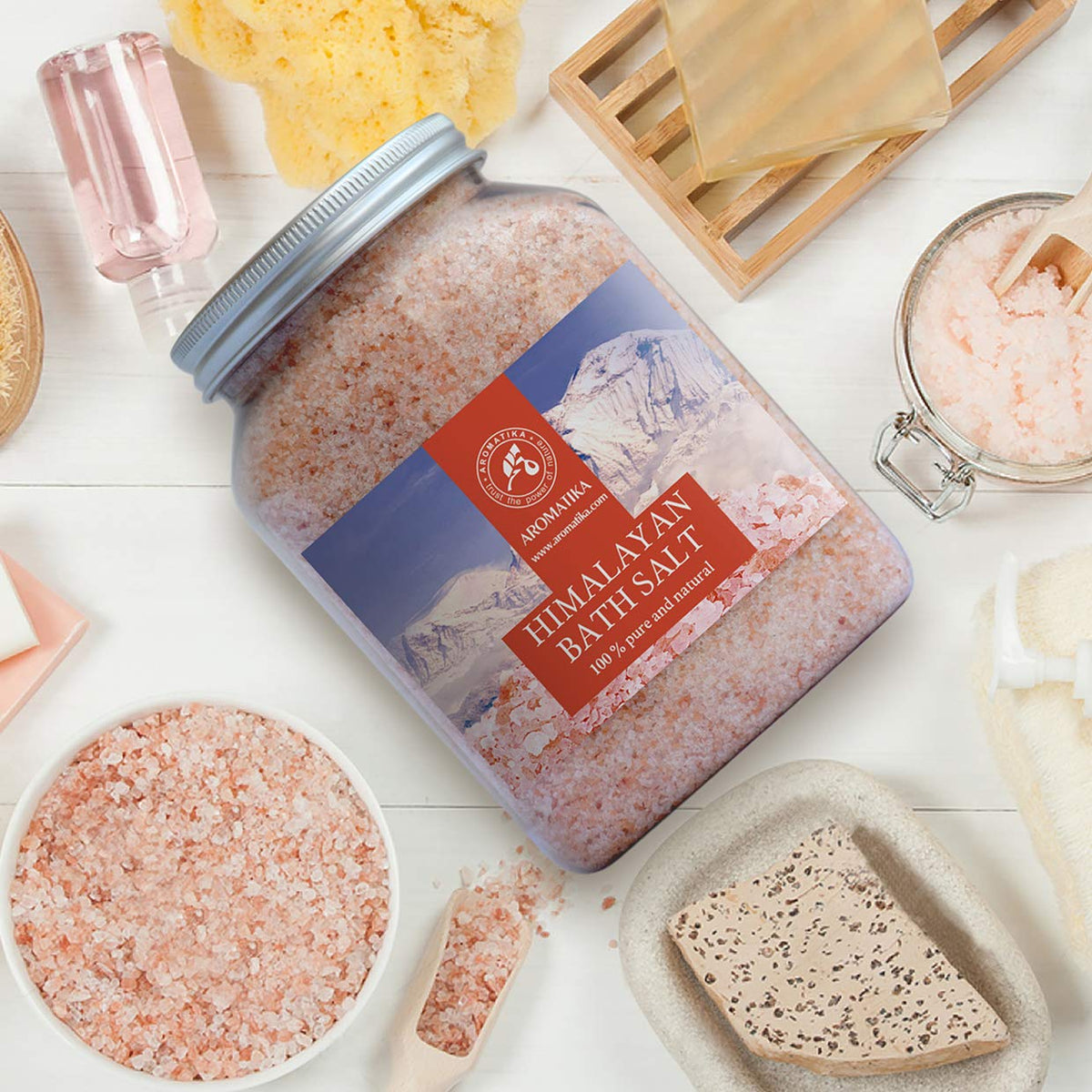 AROMATIKA pink salt foot soak setup for soothing relief