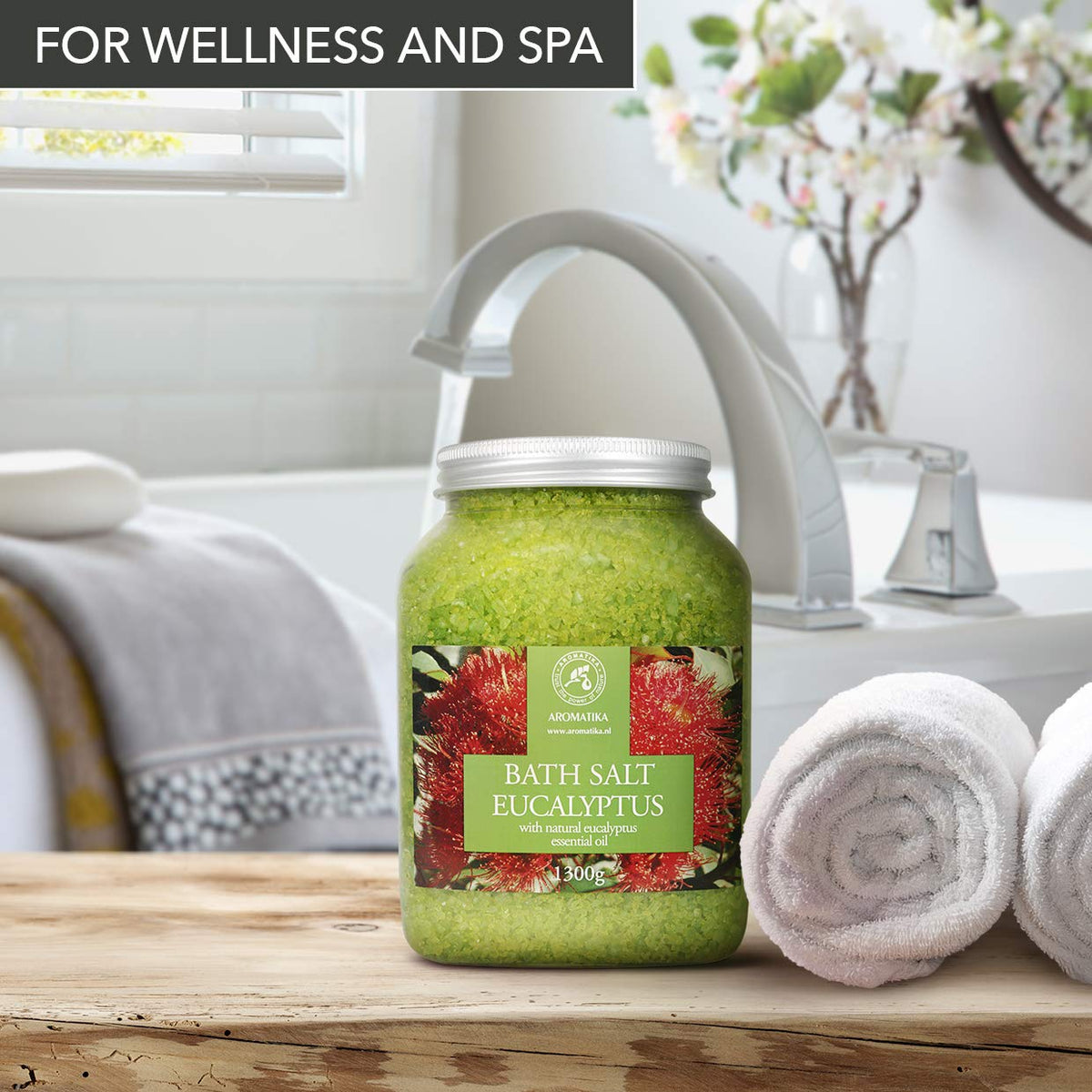 AROMATIKA natural eucalyptus oil infusion bath salts with soothing aroma for stress relief.