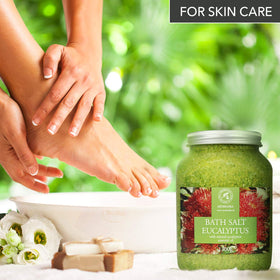AROMATIKA spa-like scene with eucalyptus bath salts for calming mood.