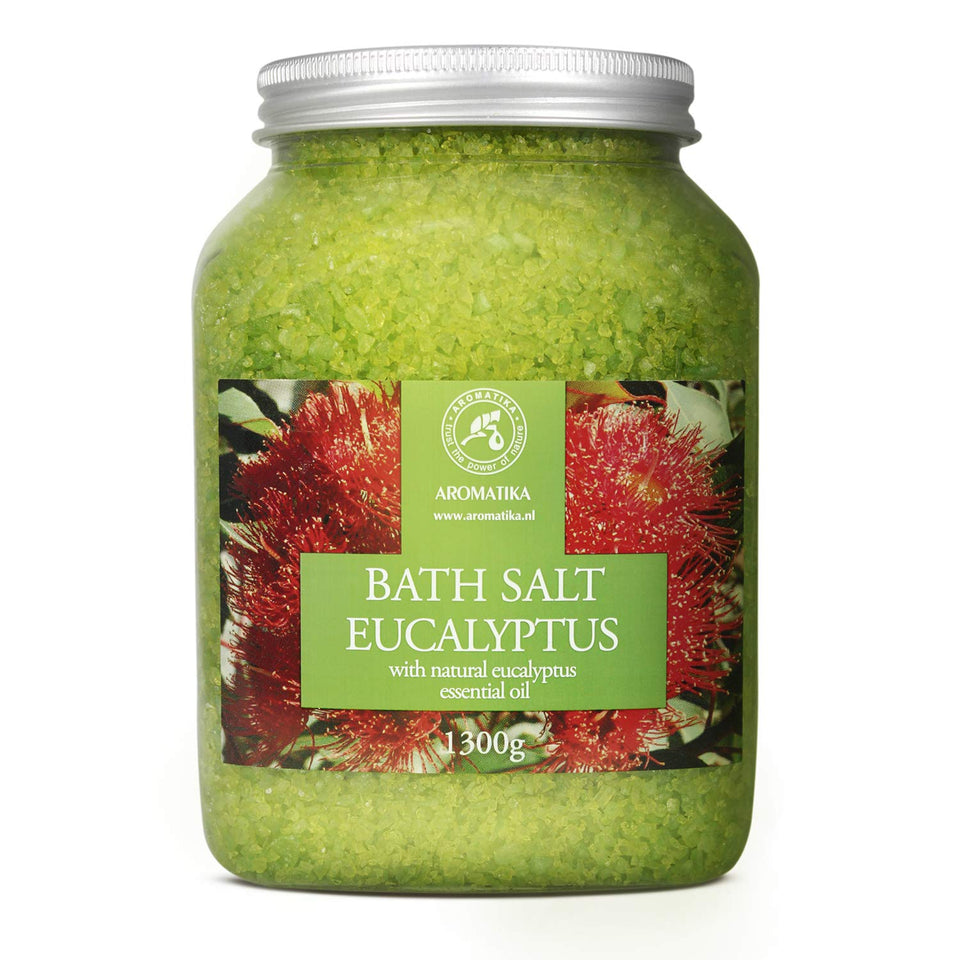 AROMATIKA sea salt eucalyptus bath salts bottle promotes relaxing spa-like bath.