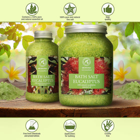 AROMATIKA sea salt eucalyptus bath salts jar close-up highlights natural essential oil benefits.