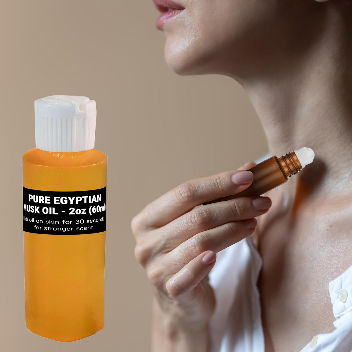 Aromazen Egyptian Musk Oil roll-on application shows mess-free, convenient aromatherapy