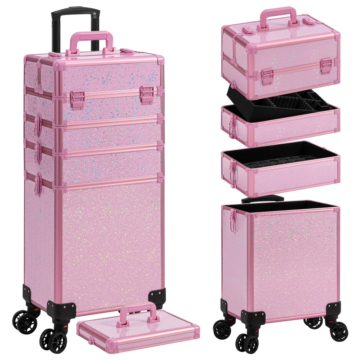 AROUS rolling makeup train case front view in pink for on-the-go storage