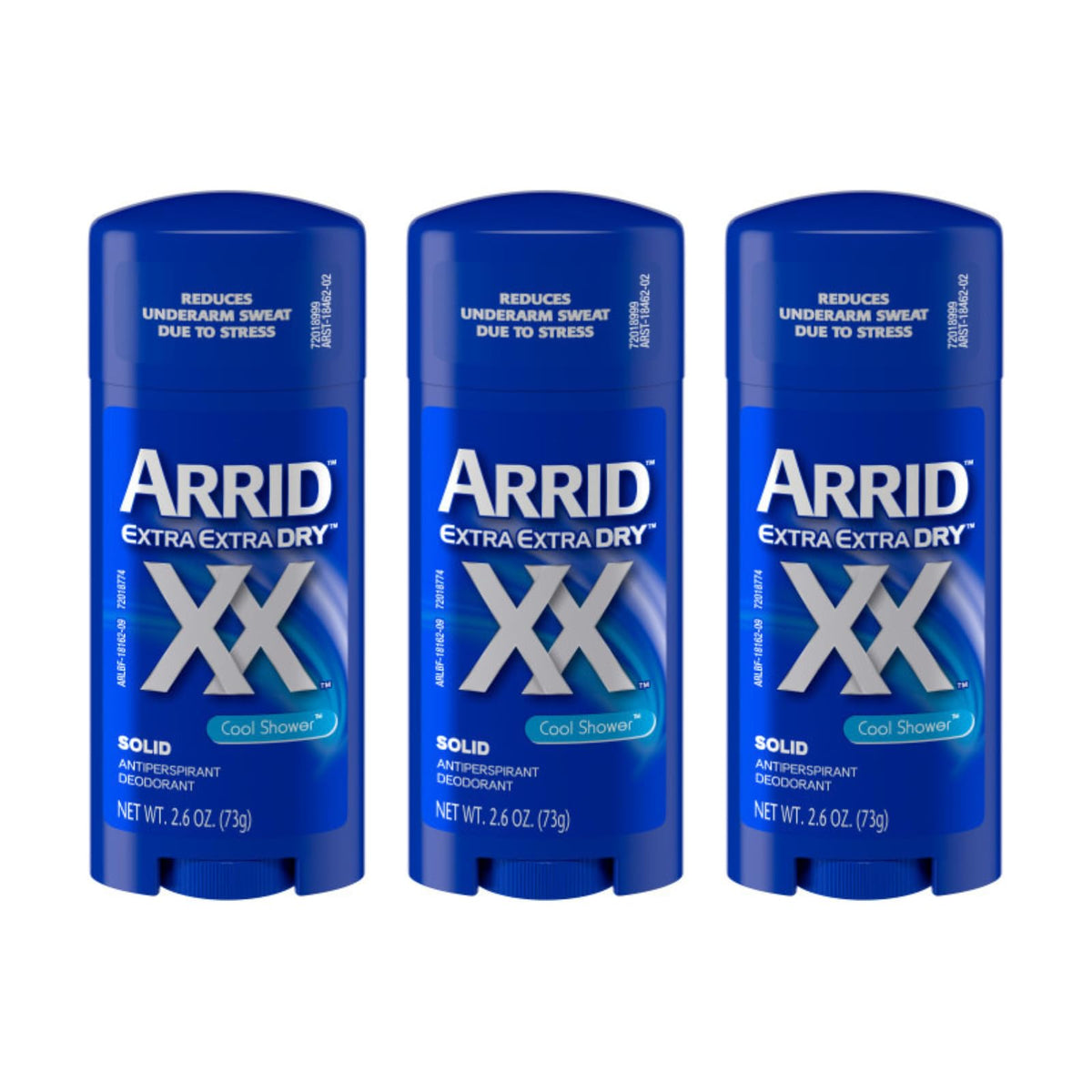 Arrid XX Extra Extra Dry Solid Cool Shower packaging promotes long-lasting dryness