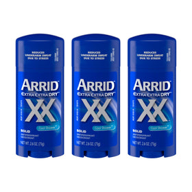 Arrid XX Extra Extra Dry Solid Cool Shower packaging promotes long-lasting dryness