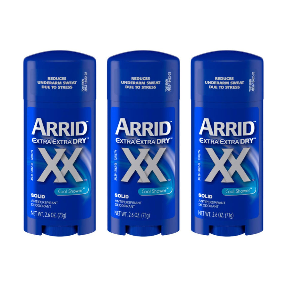 Arrid XX Extra Extra Dry Solid Cool Shower packaging promotes long-lasting dryness