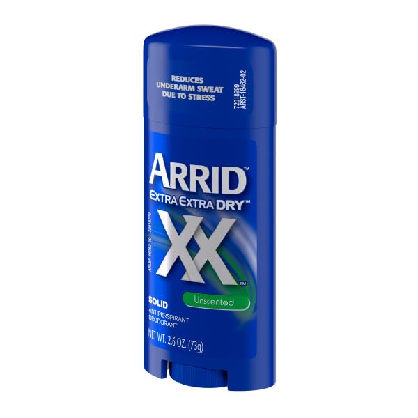 Arrid XX Extra Dry solid deodorant stick close-up showing unscented formula.