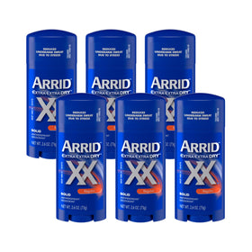 Arrid XX Extra Extra Dry solid deodorant stick six-pack with long-lasting protection.