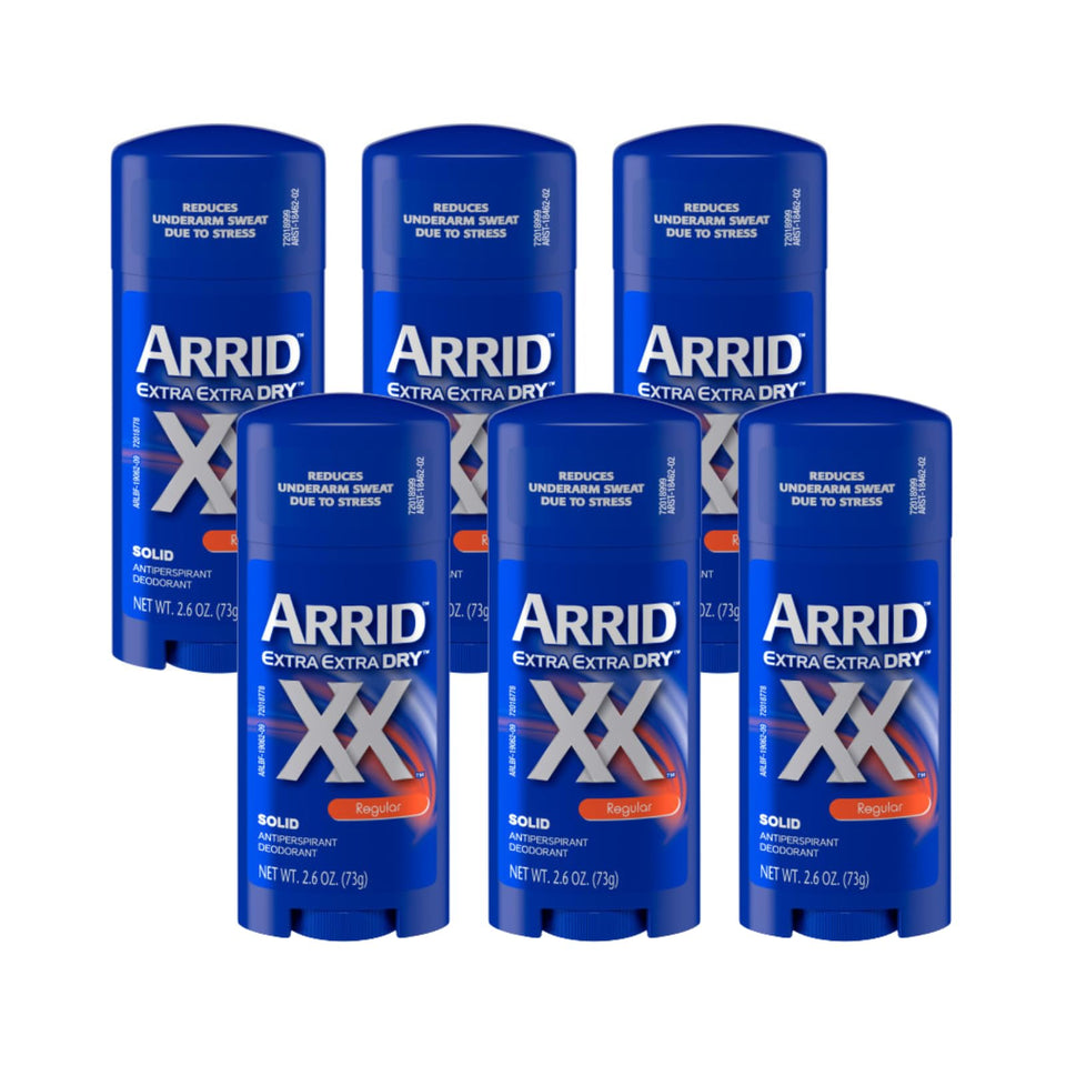 Arrid XX Extra Extra Dry solid deodorant stick six-pack with long-lasting protection.