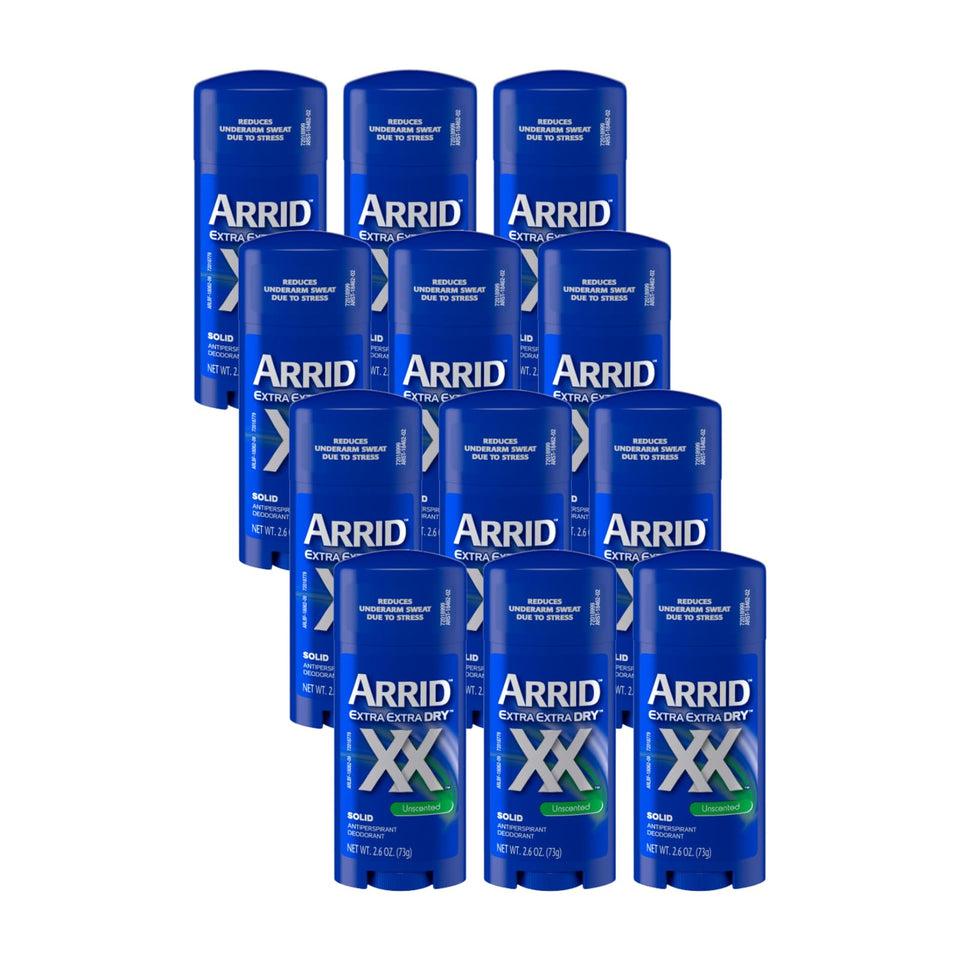 Arrid XX Extra Extra Dry unscented 12-pack box delivering long-lasting dryness