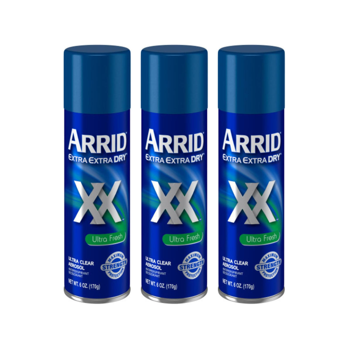 Arrid XX Ultra Clear deodorant spray bottle for all-day freshness.