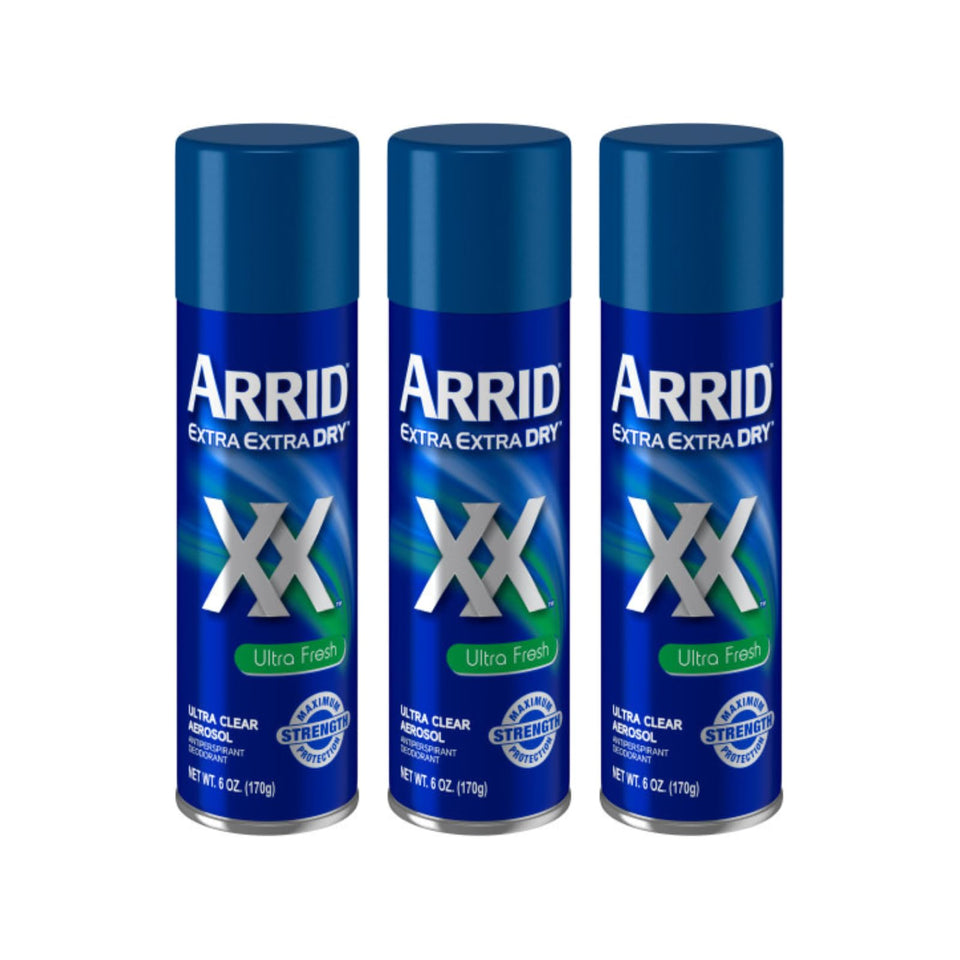 Arrid XX Ultra Clear deodorant spray bottle for all-day freshness.