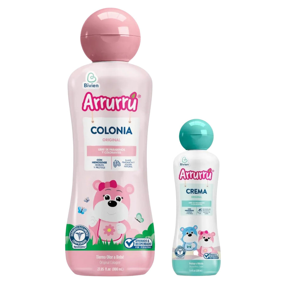 Arrurru naturals Colonia Original Pink bottle promotes a fresh, gentle fragrance for daily baby care.