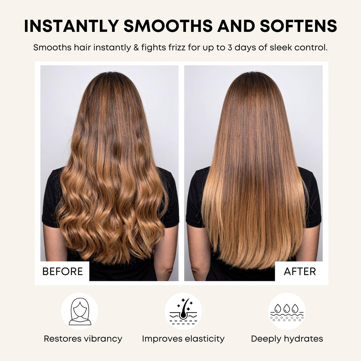 Hair application close-up showing smoothing action and frizz reduction.