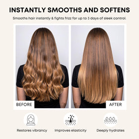 Hair application close-up showing smoothing action and frizz reduction.