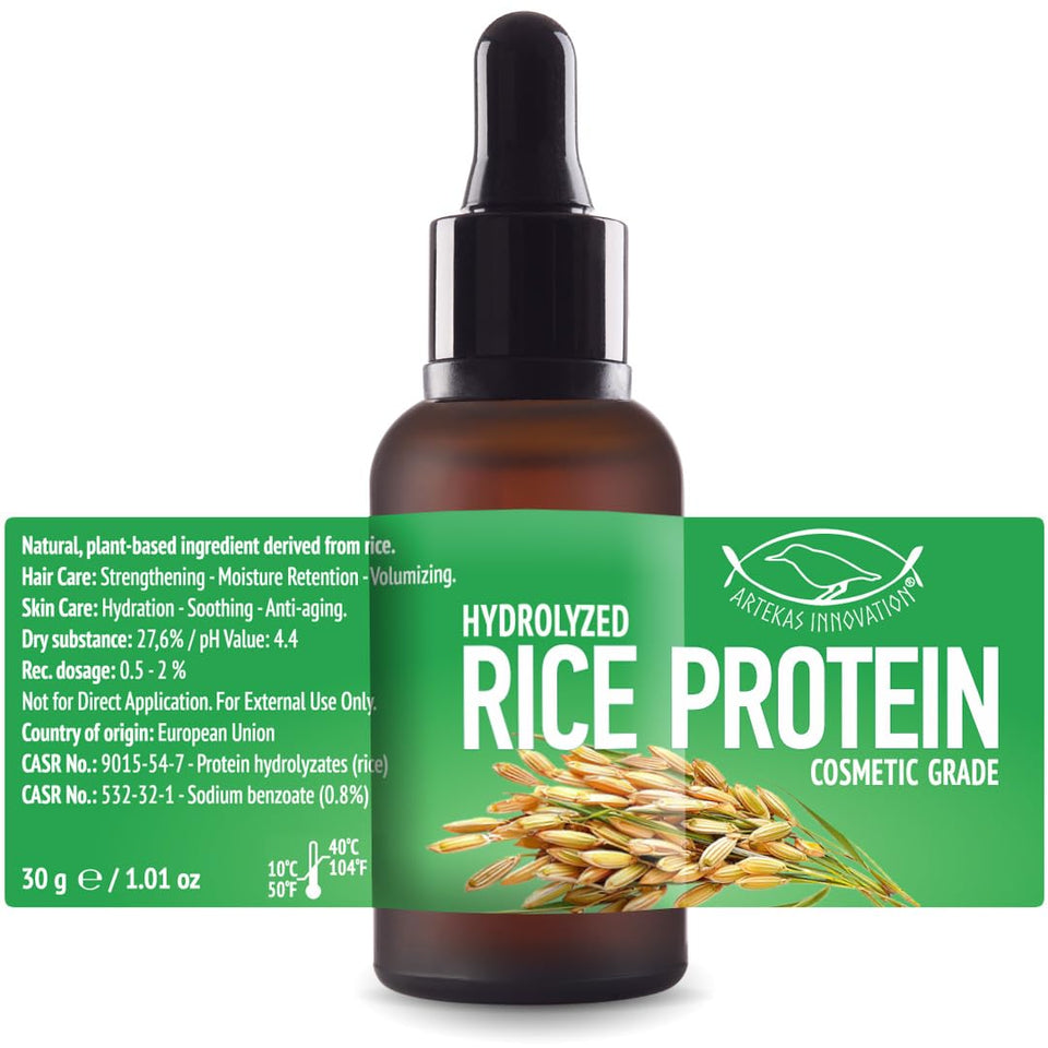 Artekas Innovation hydrolyzed rice protein liquid bottle for stronger, smoother hair formulations.