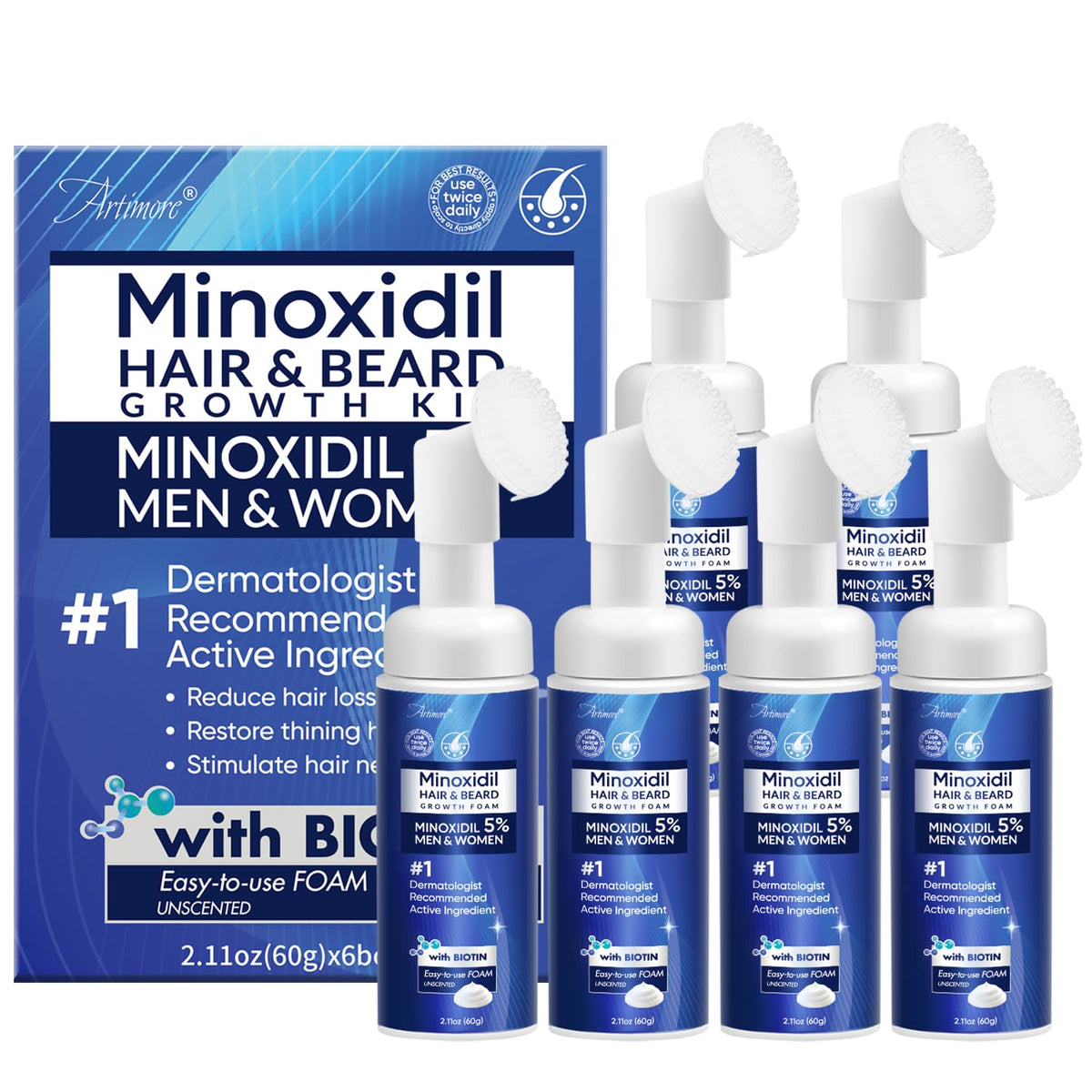Artimore 5% Minoxidil Foam bottle for easy at-home hair support routine.