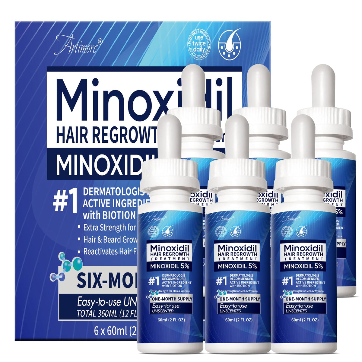 Artimore Minoxidil bottle with dropper for precise scalp application to thinning areas