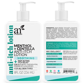 Artnaturals Anti-Itch Lotion texture shows fast-absorbing, non-greasy finish.